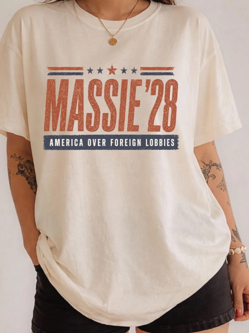 Comfort Colors Ivory Graphic Tee with Distressed Red and Navy Print